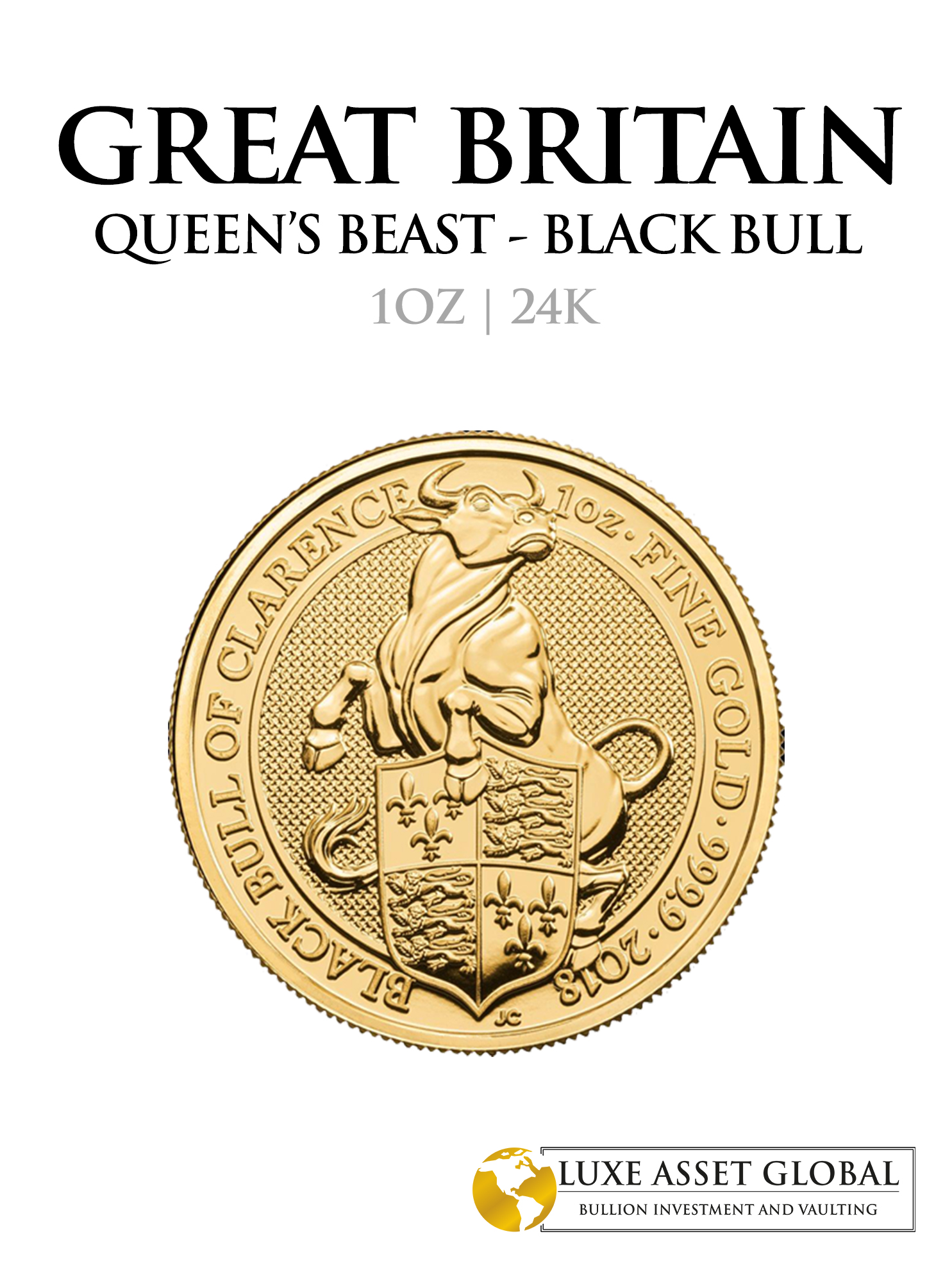 2018 1oz 24k Gold UK Queen’s Beast ‘Black Bull of Clarence’ – Luxe